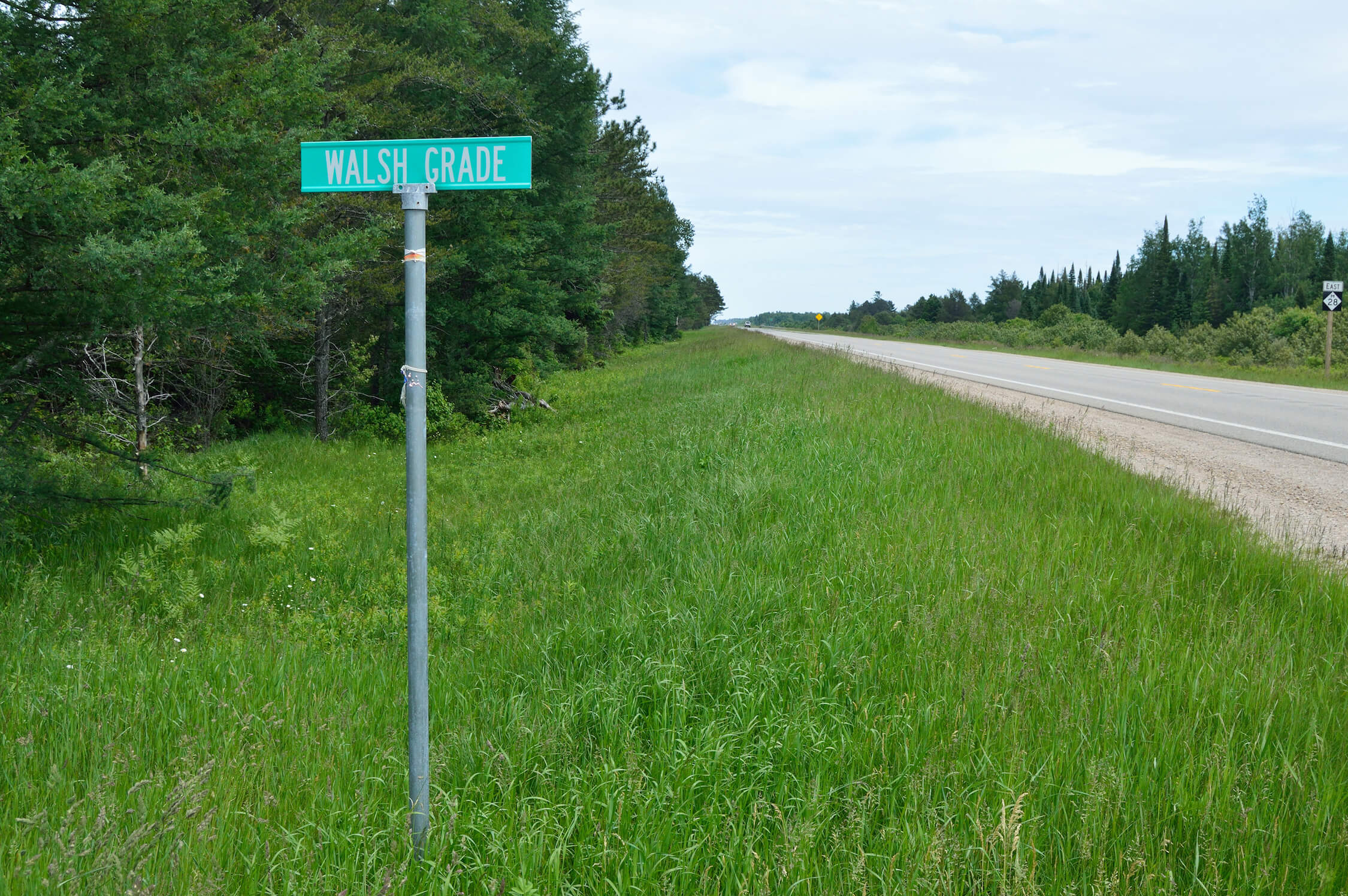 A road sign reading "Walsh Grade" beside a highway with grass and trees.